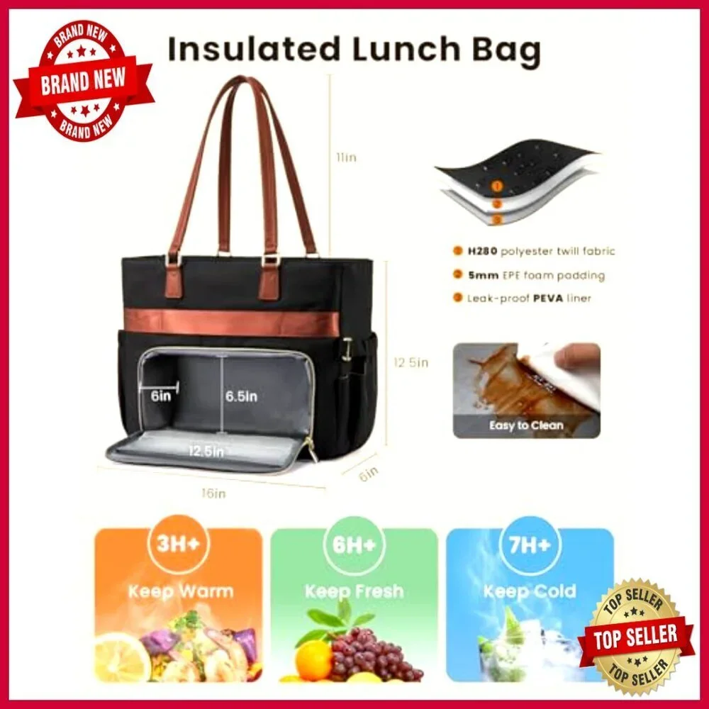 Large Insulated Lunch Tote Bag with Laptop Sleeve 18 Pockets Work Bag